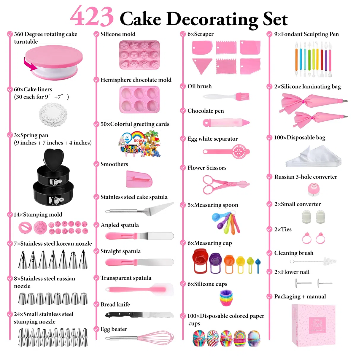 Pasteleria y Reposteria, Plato Giratorio para Tartas, Molde Tarta Desmontable, Boquillas Manga Pastelera, Kit Reposteria, Decoración de Pasteles (423Pcs)
