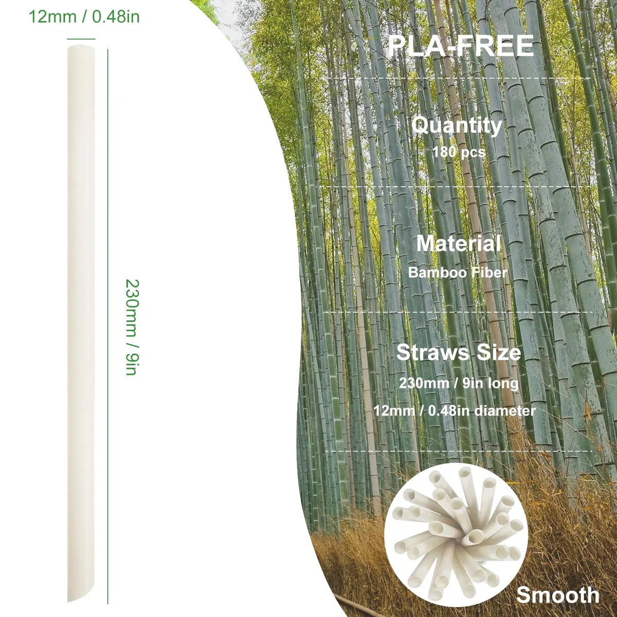 12 mm de Extra Ancha Pajitas de Fibra de Bambú, 200 Biodegradables Bambú Pajitas de Bubble Tea | Pajitas Desechables con Gran Apertura | Para té Boba, Jumbo, Batidos de Leche y Batidos