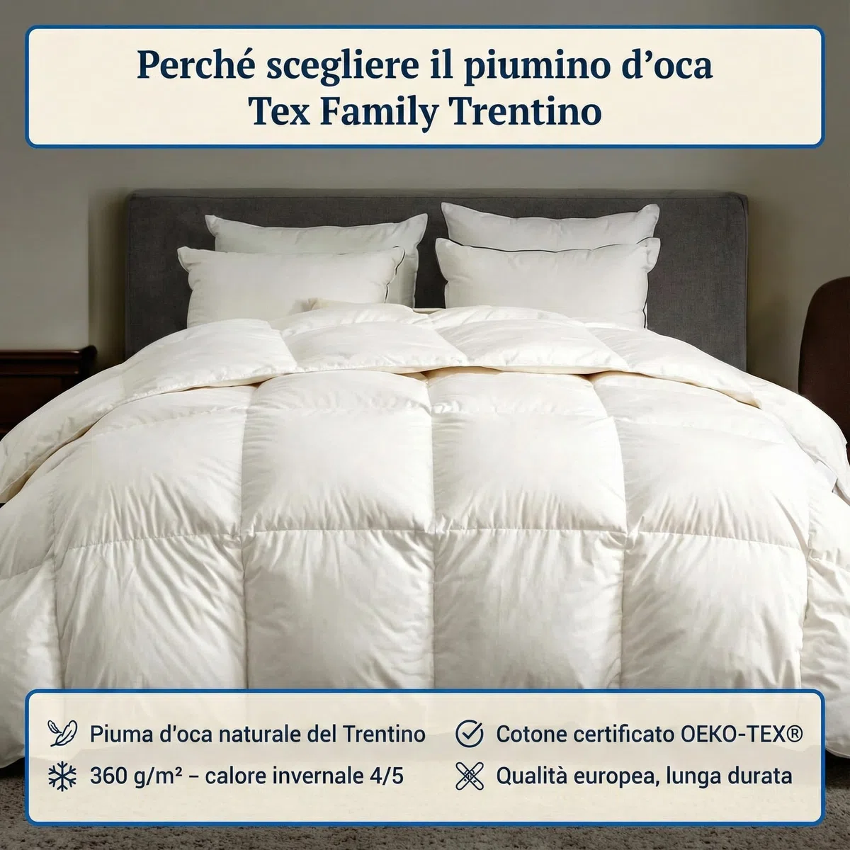 tex family Trentino edredón nórdico de Plumas de Ganso Invierno 100% Relleno Natural 360 g/m² – edredón cálido – Cassette, Tejido algodón, Certificado Oeko-Tex Standard 100 - Cm. 200x200
