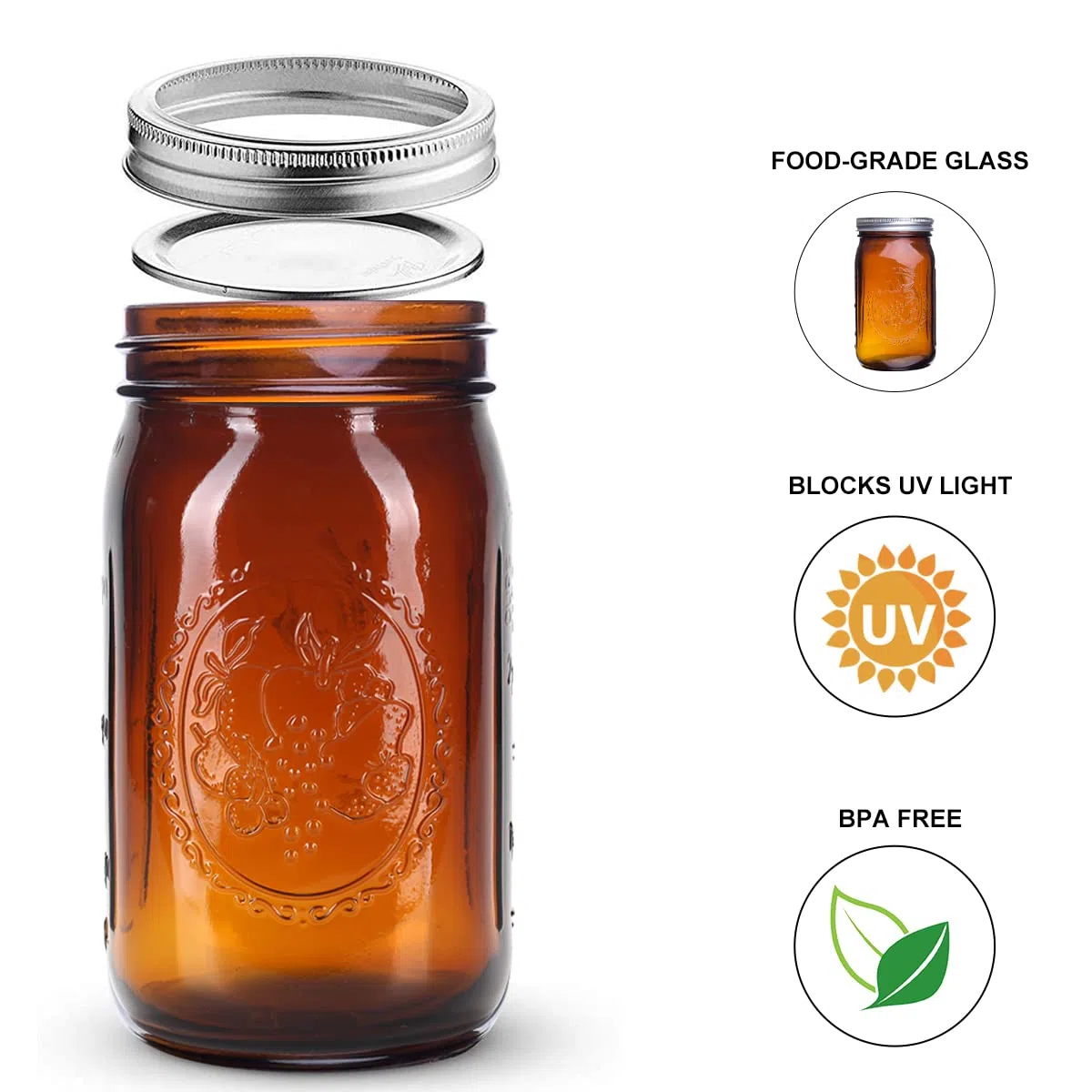 eleganttime Tarros de vidrio ámbar de 32 onzas de boca ancha, paquete de 6, tarros de conservas de cuarto de galón con tapas herméticas y bandas para enlatar, congelar, fermentar, conservar, bebidas y