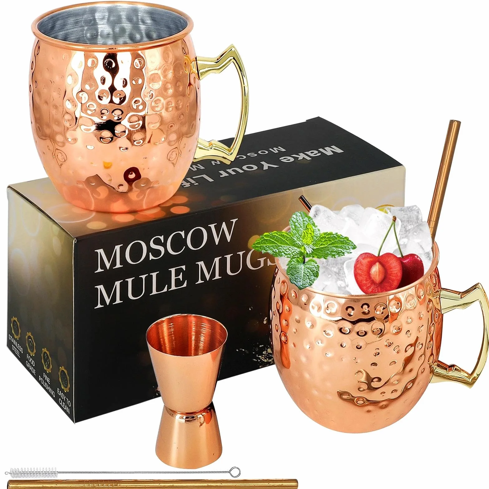 Moscow Mule Copas de cobre - Juego de 2 tazas de acero inoxidable de 540 ml, tazas martilladas seguras para alimentos, perfectas para cócteles, vaso de agua, bebida fría