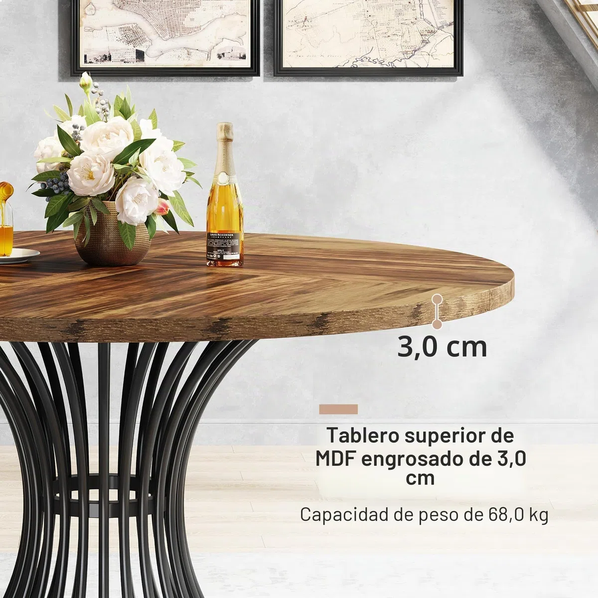 Tribesigns Mesa de Comedor Redonda para 4-6 Personas, 120 cm, Redonda, Mesa de Comedor Industrial con Base de Metal para Cocina, Salón, Color Negro y Marrón