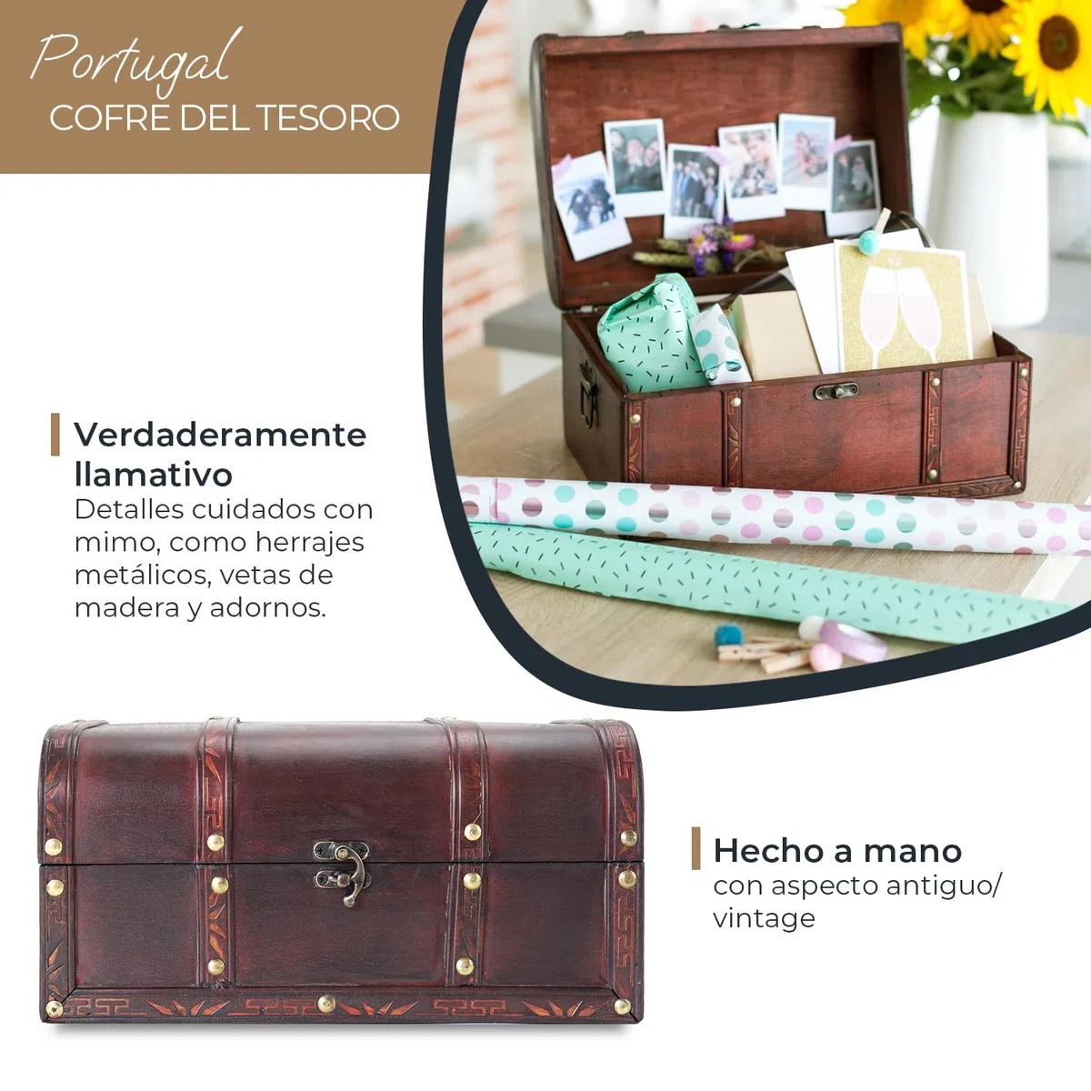 HMF Cofre del tesoro de madera, Baúl pequeño con cierre metálico vintage para cumpleaños infantil, boda o aniversario | 30 x 20 x 15 cm | Portugal