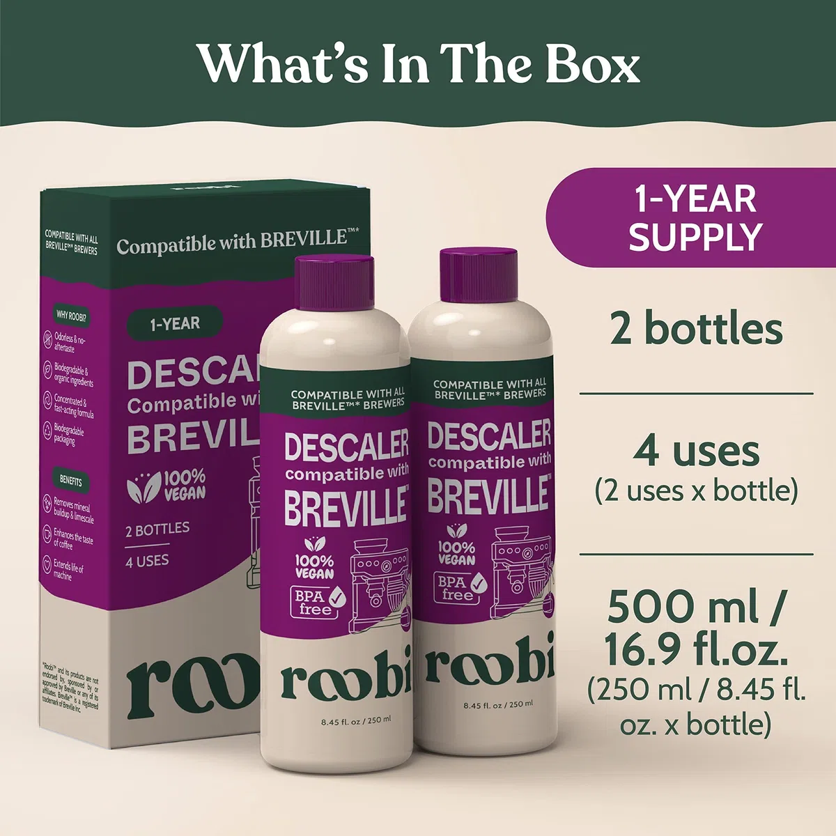 Solución descalcificadora compatible Breville. Especialmente formulada para limpiar y descalcificar tu máquina de café espresso Breville. 2 usos por botella, paquete de 2. Kit de descalcificador