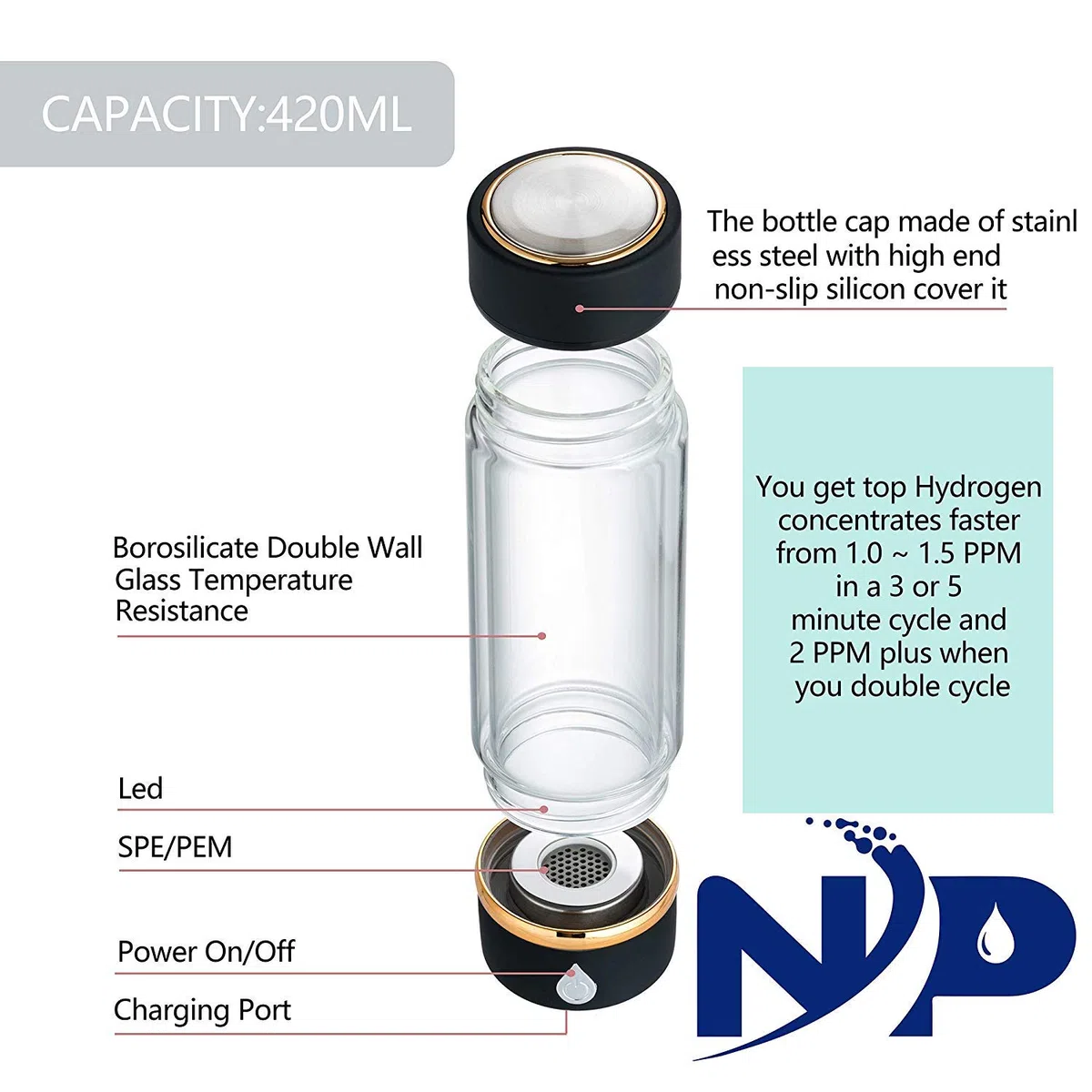 N.P Botella de agua de hidrógeno con tecnología PEM y SPE, hasta 1500 ppb, generador de agua de hidrógeno portátil, nueva tecnología ionizador de agua de vidrio