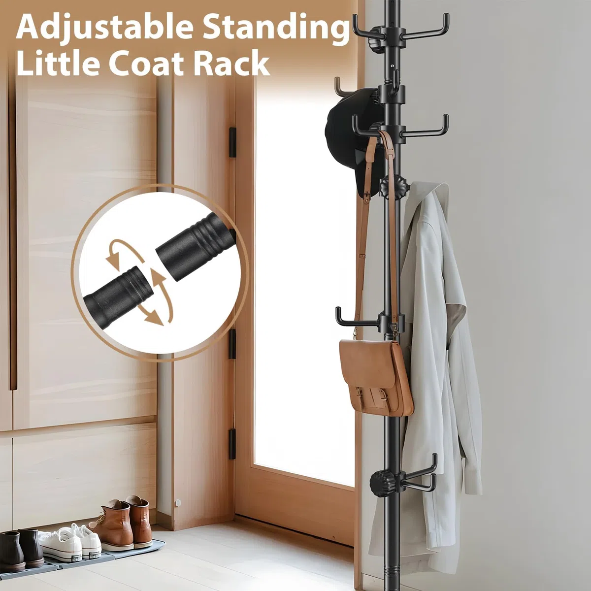 Perchero ajustable de 140 cm a 310 cm, negro con 12 ganchos para colgar abrigos, chaquetas, sombreros y bufandas, adecuado para salón, balcón, cocina