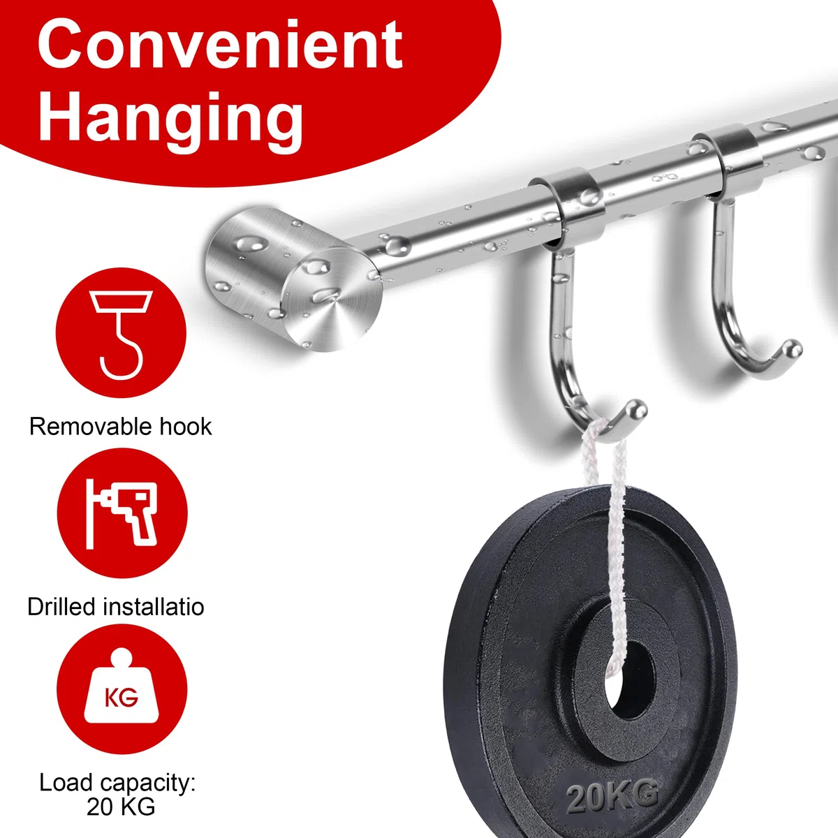 Barra de Gancho de Cocina de Acero Inoxidable, 53 cm Colgador Utensilios Cocina Barra con 10 Ganchos Móviles, Soporte Barra Colgante para sartenes, varilla portavasos