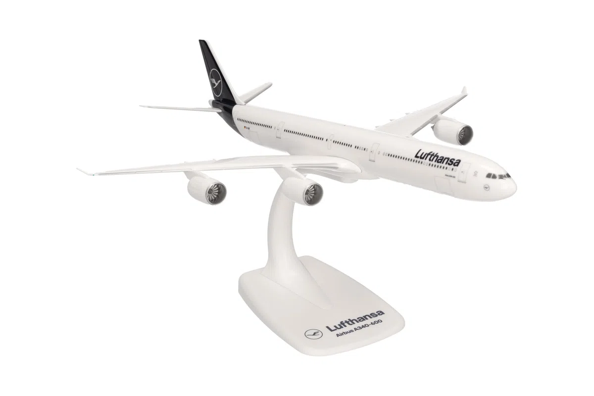 Herpa Miniatura del avión Lufthansa Airbus A340-600 - Snap-Fit, Escala 1/250, Modelo prefabricado, maqueta de colección, modelismo, avión con Soporte, Figura plástico