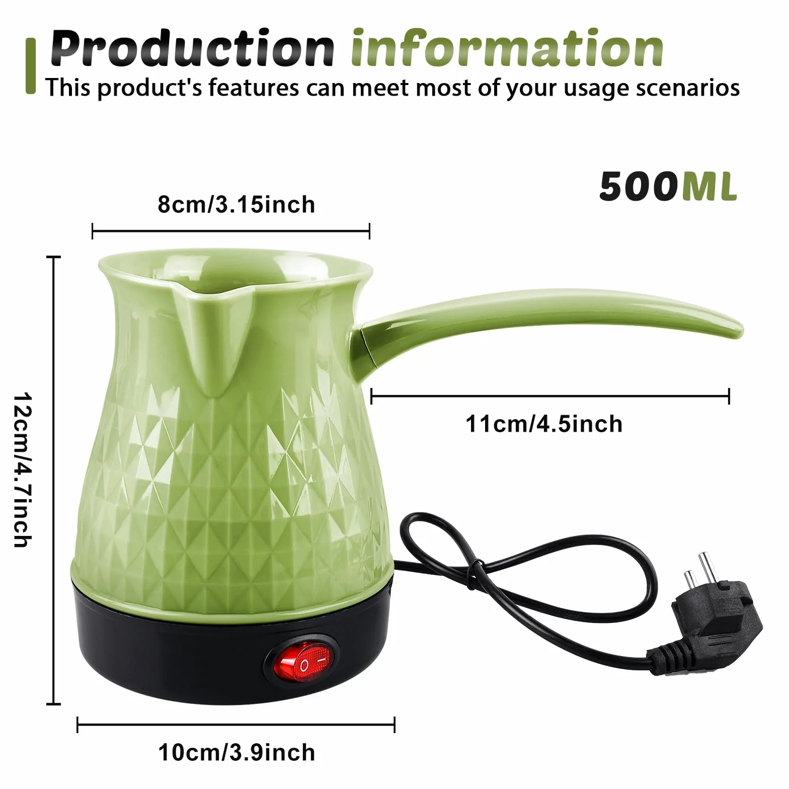BORDEAG Cafetera Eléctrica Turca, 500 ml Verde, Acero Inoxidable, Ideal para Hogar y Oficina