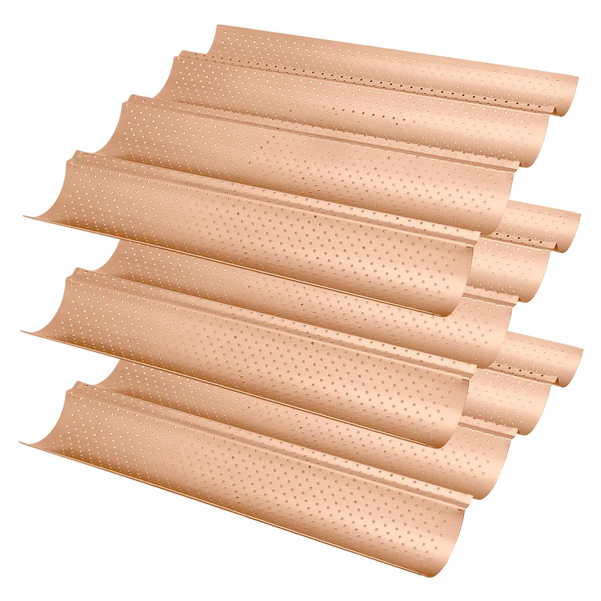 3 bandejas para hornear baguettes para 4 baguettes, acero al carbono, perforadas, molde para baguettes, pan, 38 x 33 cm, antiadherente, oro rosa