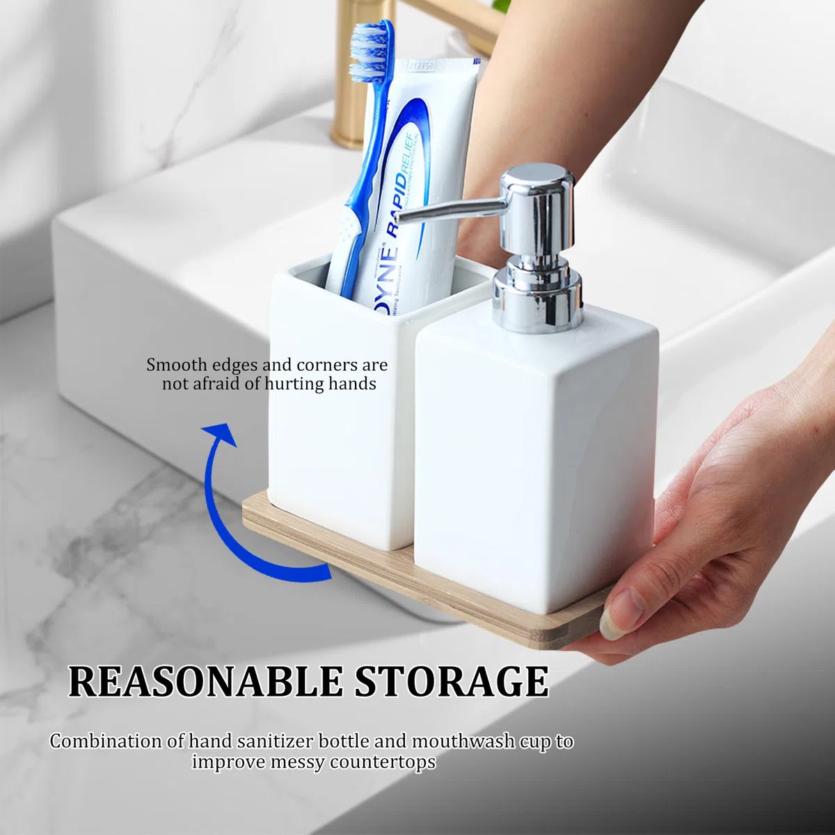 Juego de accesorios de baño blancos, juego de baño de cerámica de 3 piezas, accesorios de baño de lujo, incluye dispensador de jabón líquido de 320 ml, vaso de baño, bandeja de madera, kit de