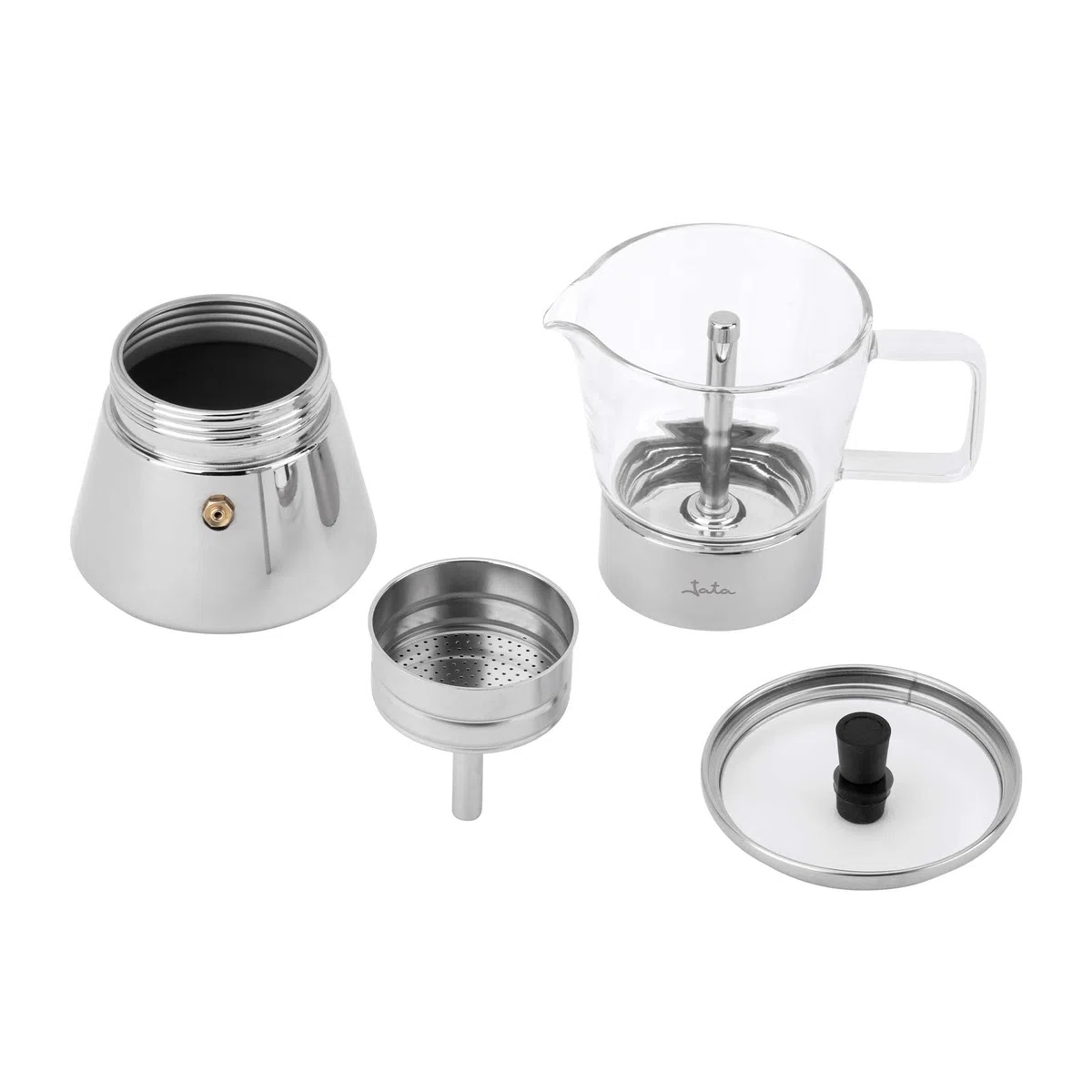 JATA HOGAR HCAF5507 - Cafetera Italiana Inducción 6 Tazas (240 ml) Acero Inoxidable con Jarra de Borosilicato, Moka para Café Espresso, Apta para Inducción, Gas y Vitro, Libre BPA