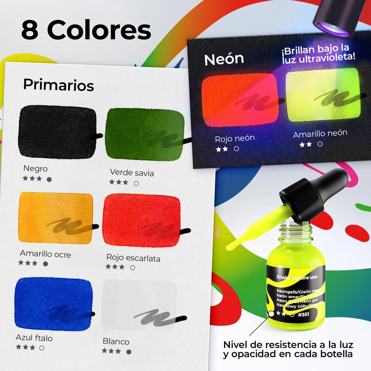 Colozoo Set de Tinta Acrílica 8x20ml, permanente y resistente al agua, 6 colores primarios y 2 neón, pintura líquida para aerógrafo, pouring, medium acrílico, tinta acrílica para todas las superficies