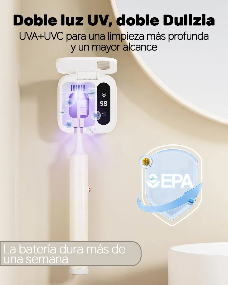 Esterilizador de Cepillos Doble UV-C y UV-A, Soporte de Cepillos de Dientes Montado en Pared con Función de Secado por Aire, Ideal para Baño, Uso Personal y Viaje (Blanco1)