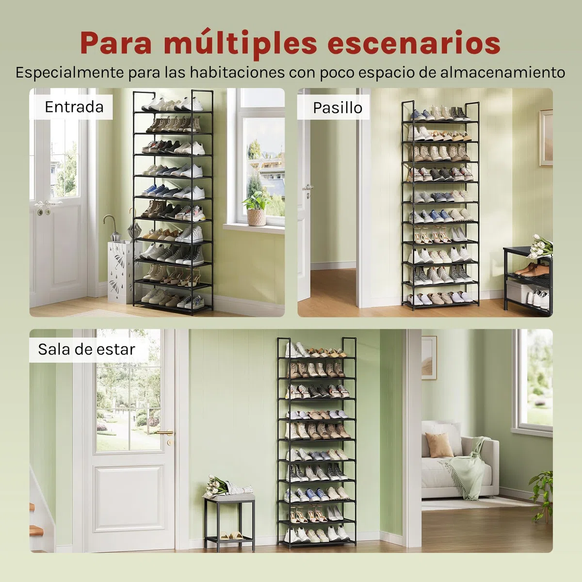 WOLTU Estantería de Zapatos, Zapatero de 10 Niveles, Organizador de Zapatos para Pasillo, Salon y Pasillo, Estantes de Metal, Estantes Estrechos y Extraíbles, 61x28x174 cm, Negro