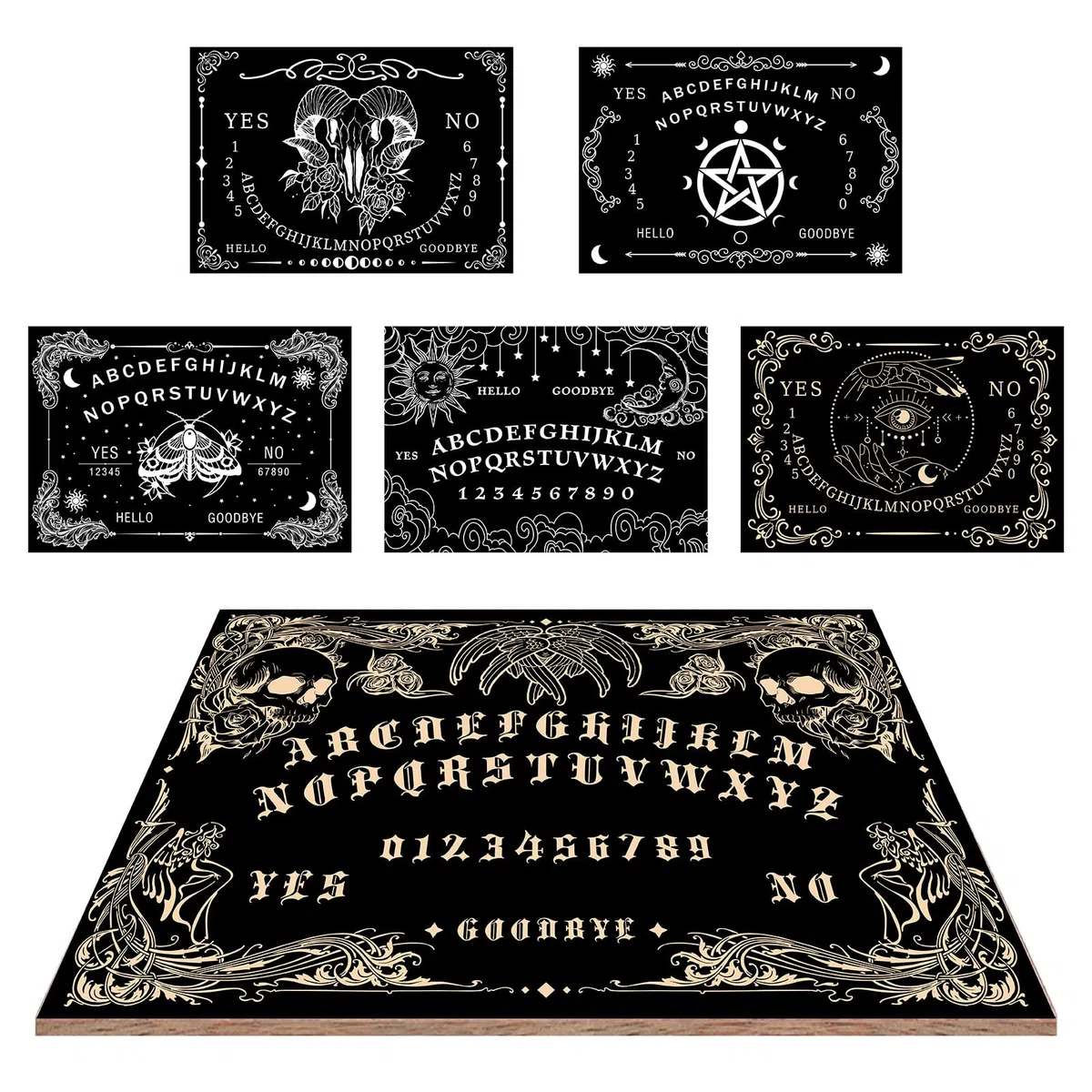 CREATCABIN Tablero Parlante de Espíritu de Madera con Diseño de Calavera, Tablero de Adivinación de Péndulo Rectangular Negro con Planchette Spirit Hunt Decor, Kit de Suministros de Mensajes