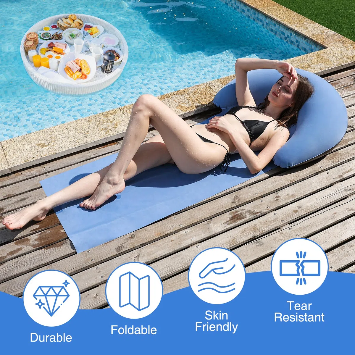 ROUSKY Esterilla de playa con almohada inflable, esterilla portátil, 178 x 76 cm (azul)