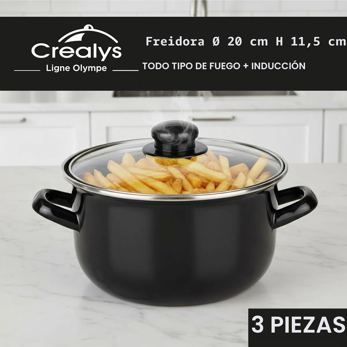 Crealys 545412 - Freidora tradicional de acero esmaltado (20 cm de diámetro, incluye cesta estañada + tapa de cristal, incluye inducción