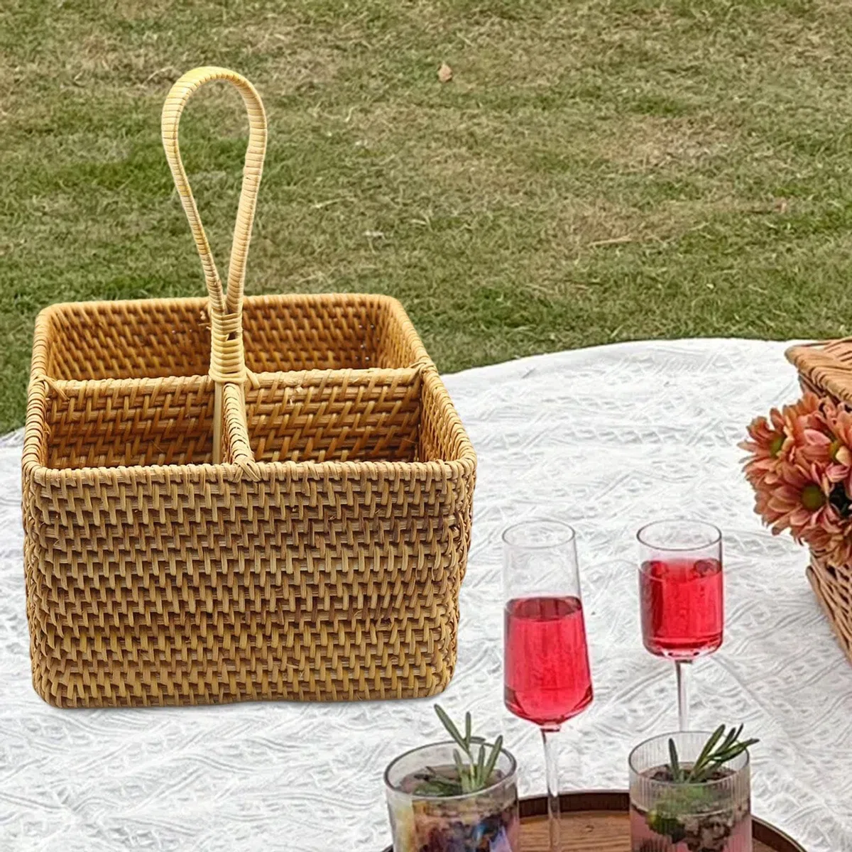 Porta Cubiertos Cesta Organizador Portátil Almacenaje para Utensilios de Mesa Rattan Natural Diseño Artesanal Adecuado para Cocina Camping Mesa Del Co , Cuadrado grande