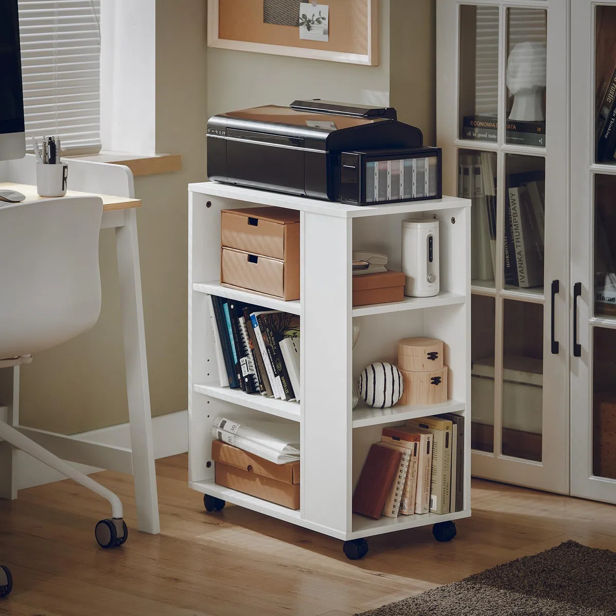 SoBuy Mueble Impresora Mesa para Impresora con Ruedas Cajonera Oficina con 6 Compartimentos Abiertos Mueble Archivador Armario Oficina Blanco 60x35x75cm FBT68-W
