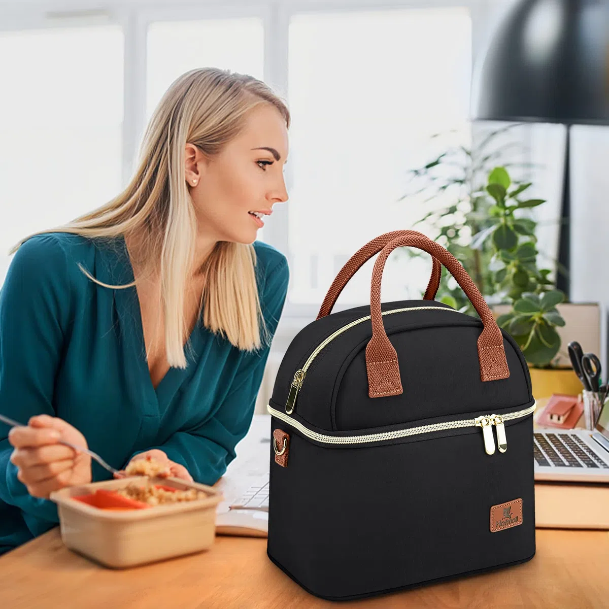 Hafmall 9L Bolsa Termica Porta Alimentos, Portatil Lunch Bag con Dos Compartimentos para Mujer, Hombres y Trabajo, Escuela (Negro)
