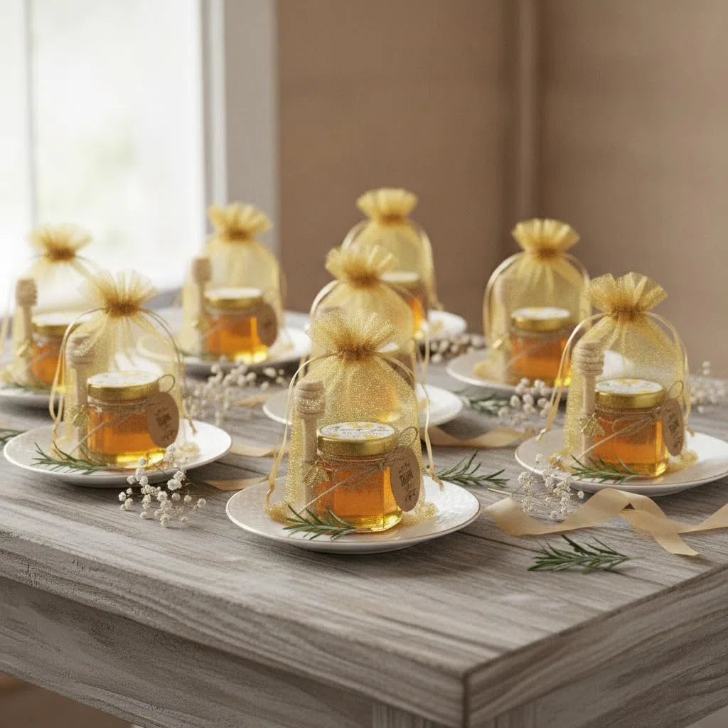 Paquete de 20 mini tarros de miel hexagonales de 1,5 oz con cucharones de madera, tapas doradas, colgantes de abeja, yute, bolsas de regalo doradas, perfecto para baby shower, recuerdos de boda