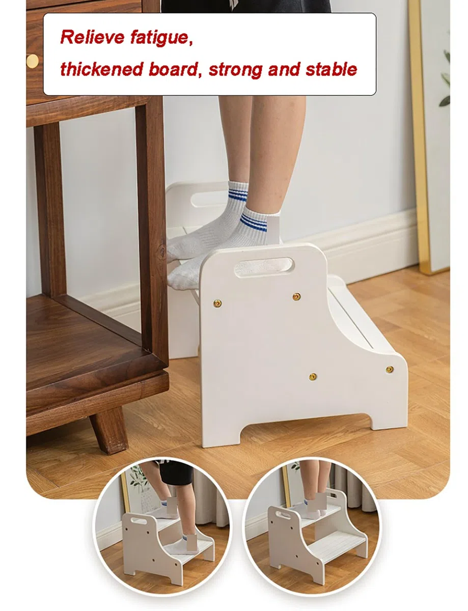 Taburete de madera con dos escalones, almohadillas antideslizantes y asas, doble altura para uso en baño y cocina