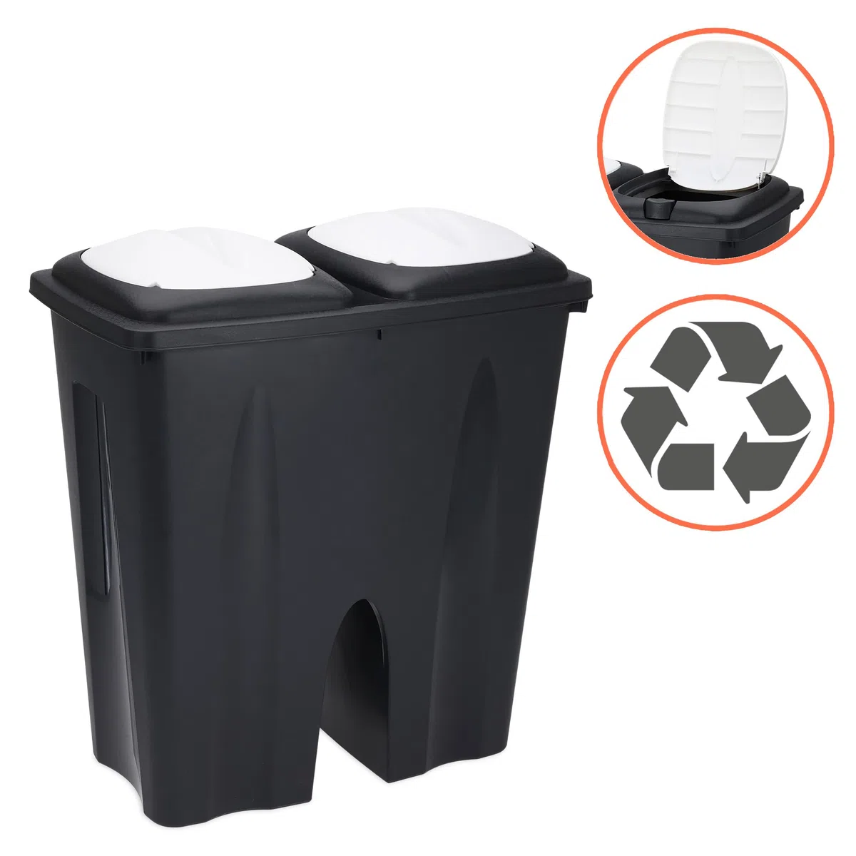 Duo - Cubo de basura doble rectangular de 50 litros (2 compartimentos de 25 l). Cubo separador de basura, color negro, con tapa