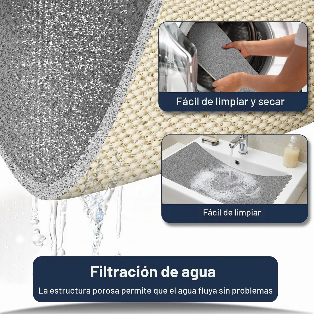 Alfombra de Baño Antideslizante 60x60cm Cuadrado, Alfombrilla de Ducha de PVC con Textura de Luffa, Alfombra Antideslizante para Ducha, Secado Rápido Gris