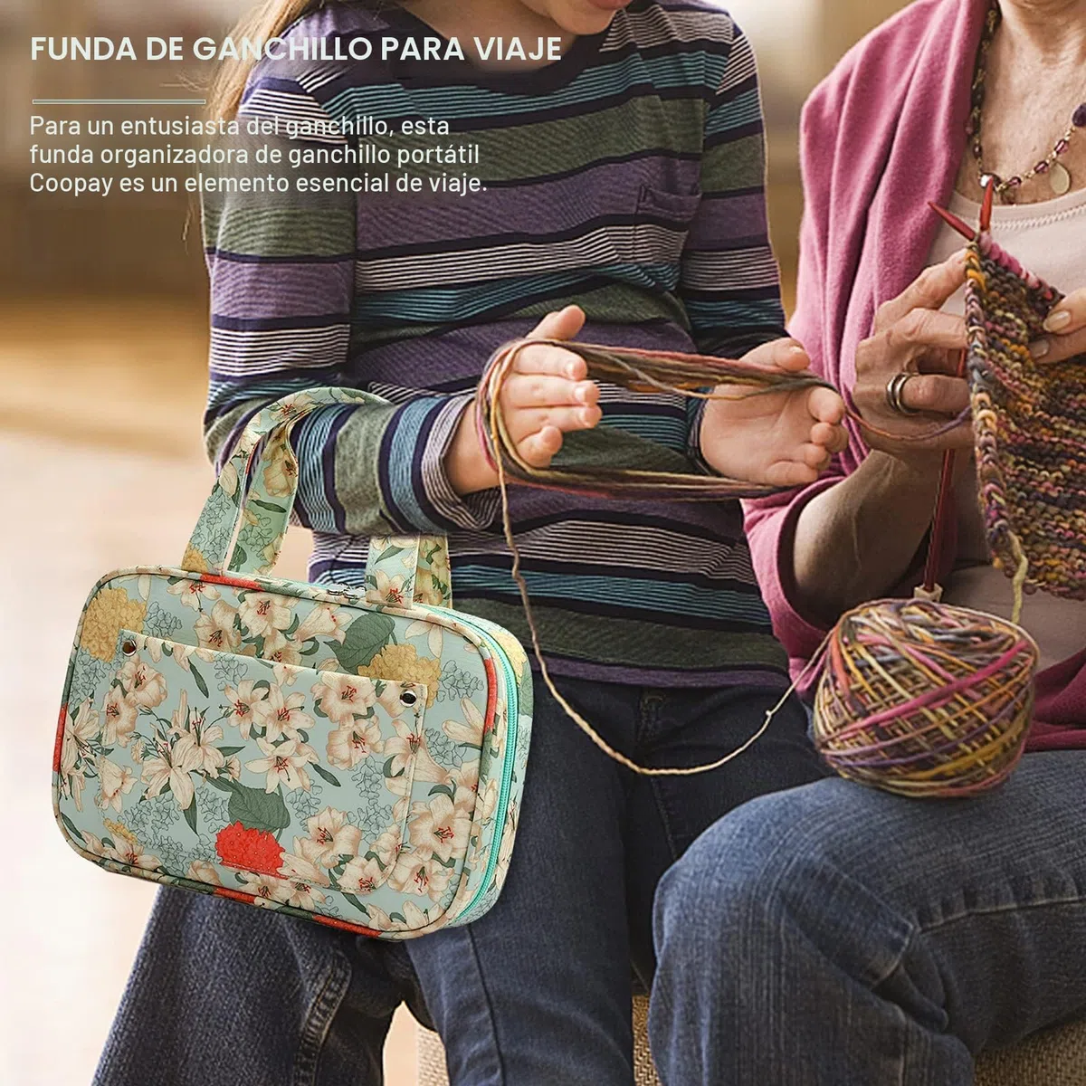 Coopay Organizador de Tejer y Ganchillo, Bolsa de Herramientas de Ganchillo, Bolso de Mano con Bolsillos de con Cremallera, para Agujas Circulares intercambiables,Ganchillo y Otro Accesorios