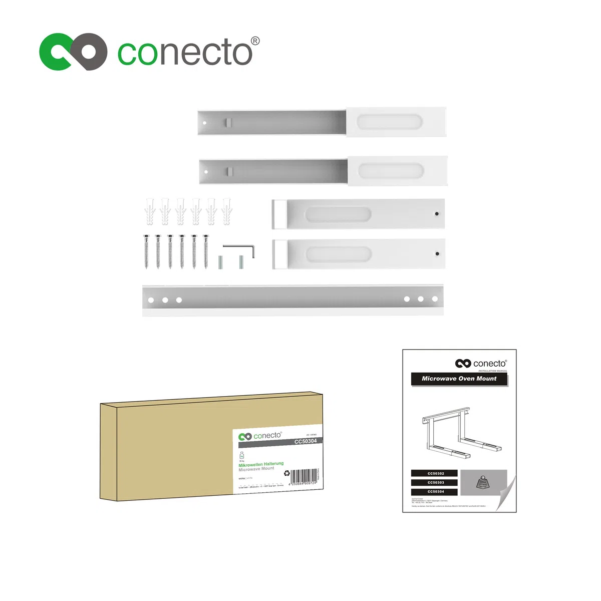 conecto Universal/Soporte para microondas para Montaje en Pared, Soportes Ajustables en Longitud (38,5-53,5 cm), Ancho de Soporte 43 cm, Capacidad de Carga máxima 35,0 kg, Blanco