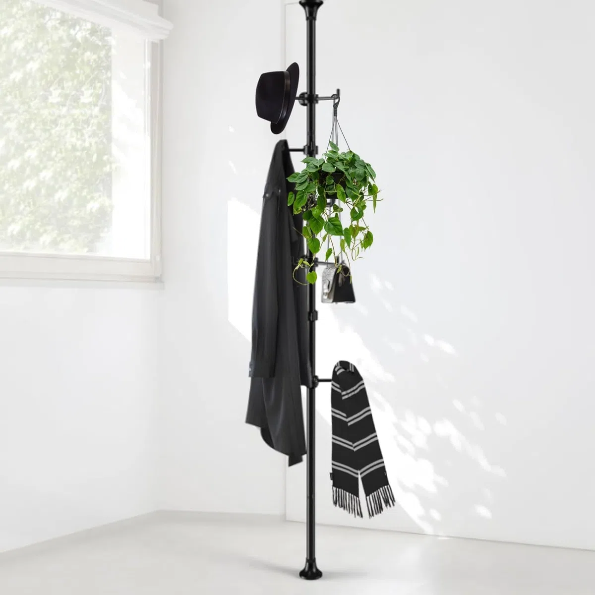 Perchero ajustable de 140 cm a 310 cm, negro con 12 ganchos para colgar abrigos, chaquetas, sombreros y bufandas, adecuado para salón, balcón, cocina