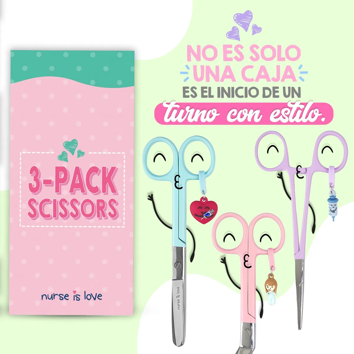 Nurse is Love Set 3uds Tijeras Enfermería Pico de Pato & Rectas Mayo + Herramienta de Sujeción | Tijeras Punta Roma Vendaje, Accesorios Enfermera, Primeros Auxilios, Auxiliar de Enfermería Multicolor