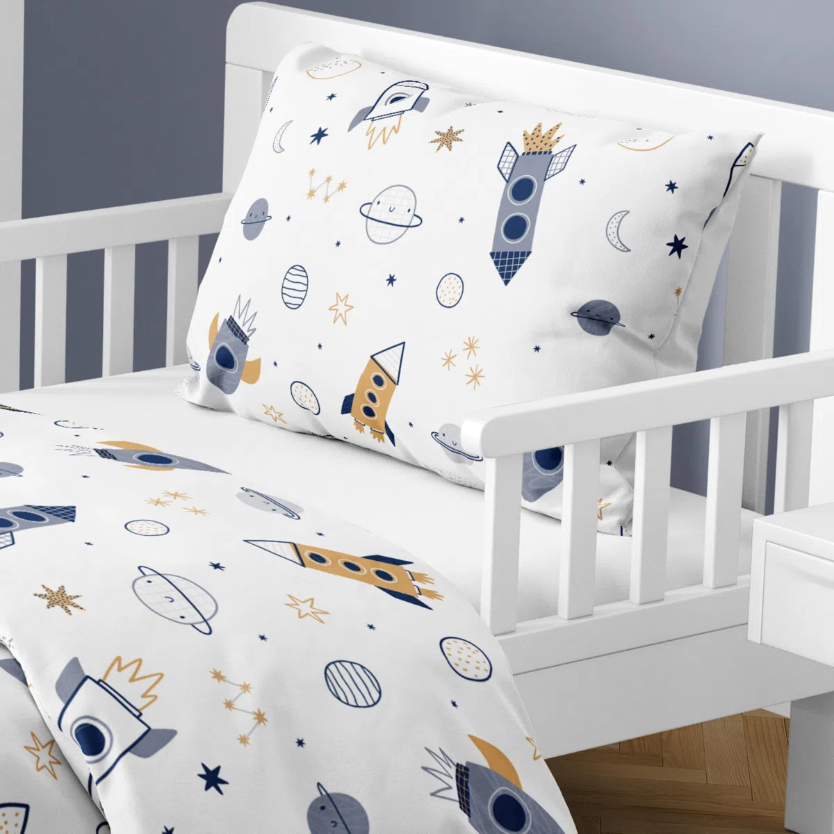 Ropa de cama infantil, diseño de espacio y cohetes, funda nórdica 100x135 cm y funda de almohada 40x60 cm, algodón Öko-Tex (espacio)