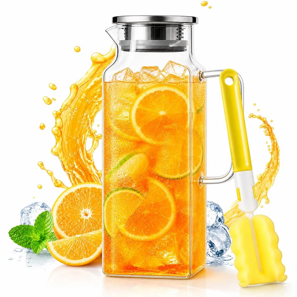 Jarra Agua Cristal Cuadrada con Tapa 2 Litros botella cristal de Borosilicato para Jugo, Agua Nevera y Frigorífico Jarra de Agua Vidrio 2L con Doble Vertido y Mango, 27,2x9,5cm + un Cepillo