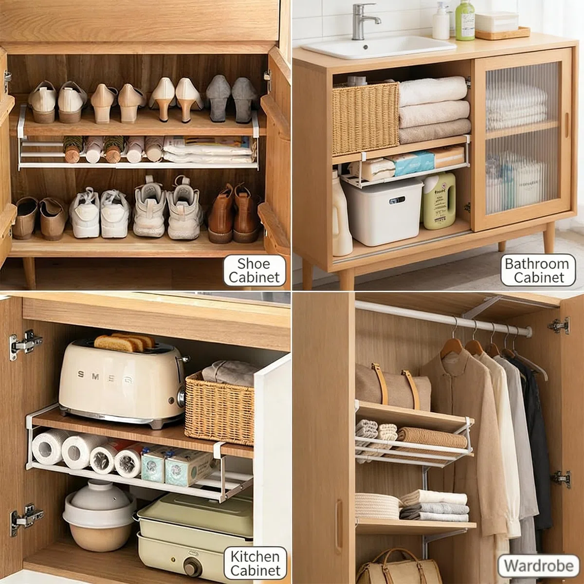 2 Piezas Organizador Zapatos Extensible 40-70 cm, Zapatero Colgante Organizador en el Armario,Soporte Colgante Ajustable, para Armario, Zapatero, Cocina y Baño (Blanco)