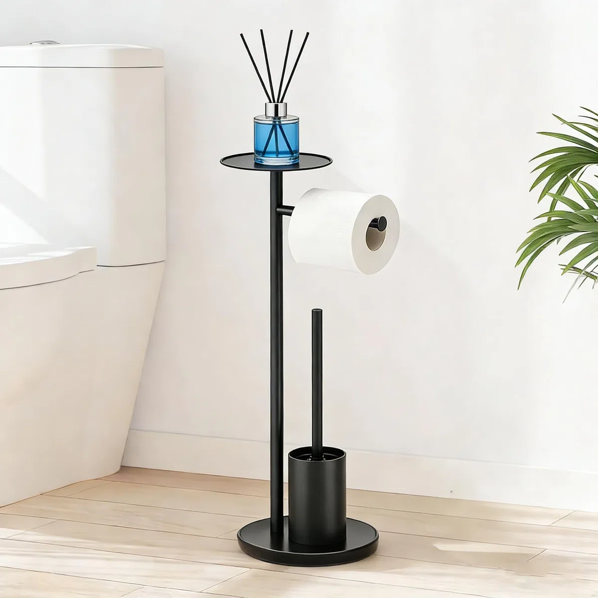 Portarrollos de Papel Higiénico de Pie con Escobilla y Estante Superior - Soporte de Acero Inoxidable Antoxidante, Almacenamiento para Reserva, Estable y Fácil Montaje Sin Taladro para Baño
