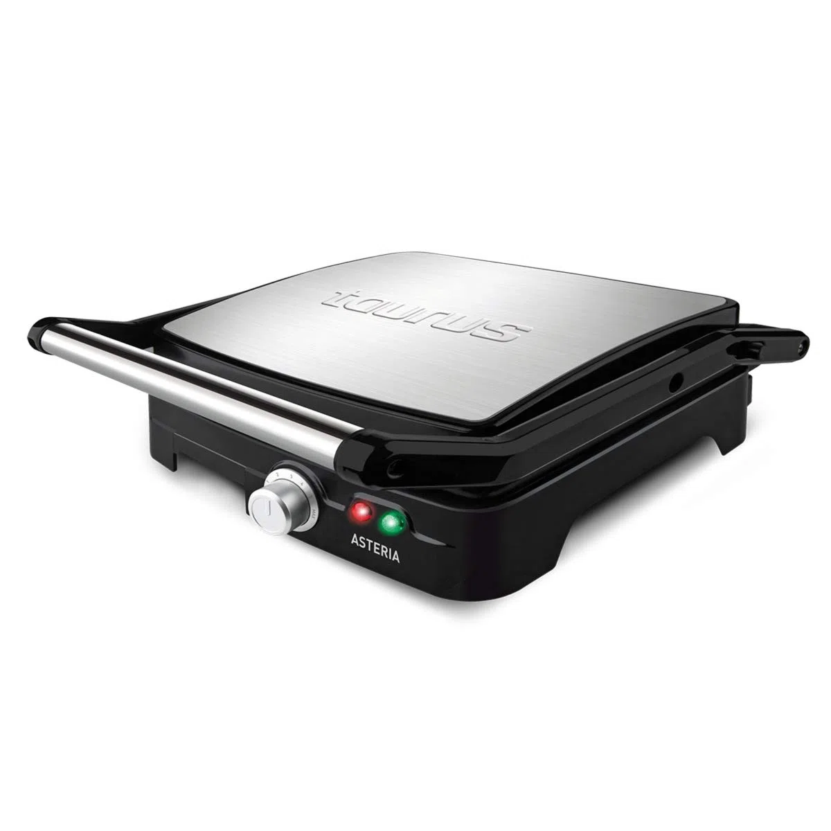 Taurus Asteria - Grill y plancha de asar, 2200W, placas de 28 x 22 cm, parrilla eléctrica con regulador de temperatura, apertura 180º, asa de toque frío, antiadherente libre de PFOA, Negro/Inox