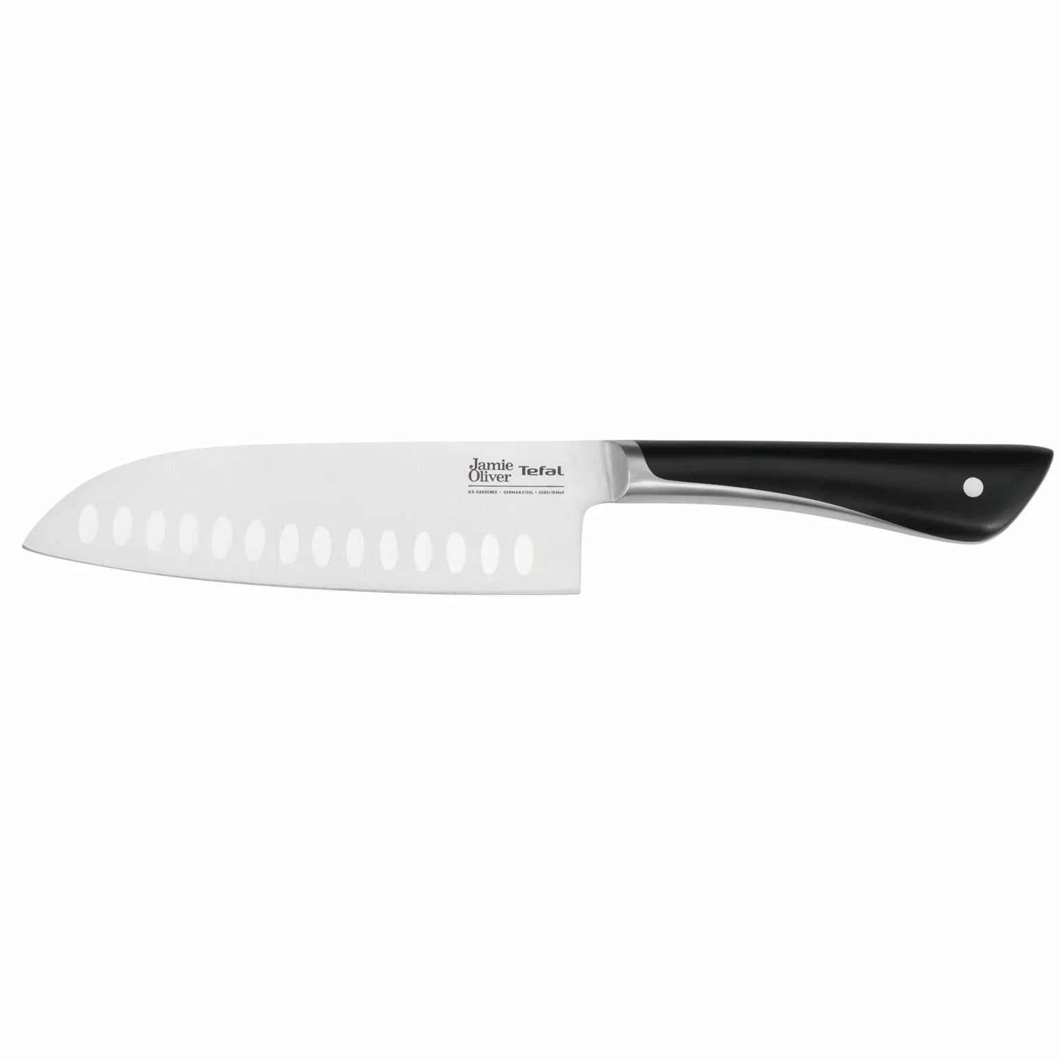 Tefal Jamie Oliver by K26715 - Cuchillo Santoku (16,5 cm, alto rendimiento de corte, diseño distintivo, cuchillas resistentes y duraderas, acero inoxidable), color negro