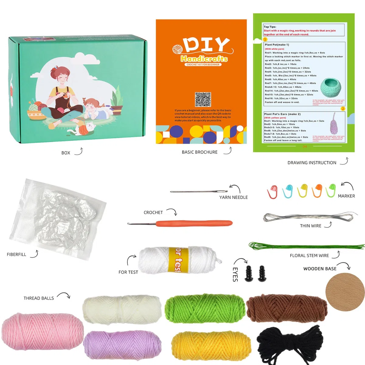 RoseFlower crochet kit principiantes, paquete de 4 plantas en maceta, kits de inicio de crochet con videotutoriales paso a paso, kit de animales de crochet para tejer a mano para adultos