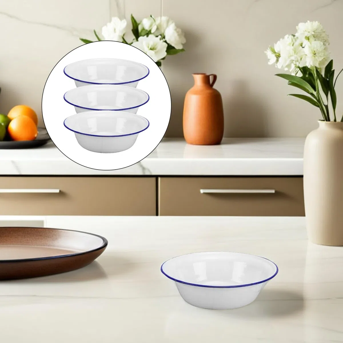 3 Piezas Cuenco Esmaltado Vintage 6.29In Multiusos para Sopa Ensalada Y Cocina Al Aire Libre