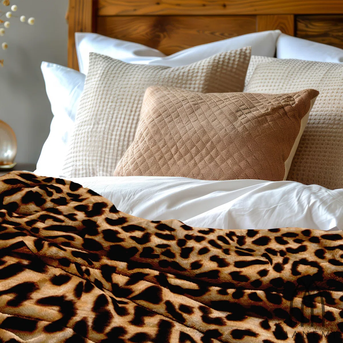 MANEMI - Manta Poliéster 100% Microfibra 220 x 240cm, Manta Sofá y Cama, Estampado Animal Leopardo, Beige