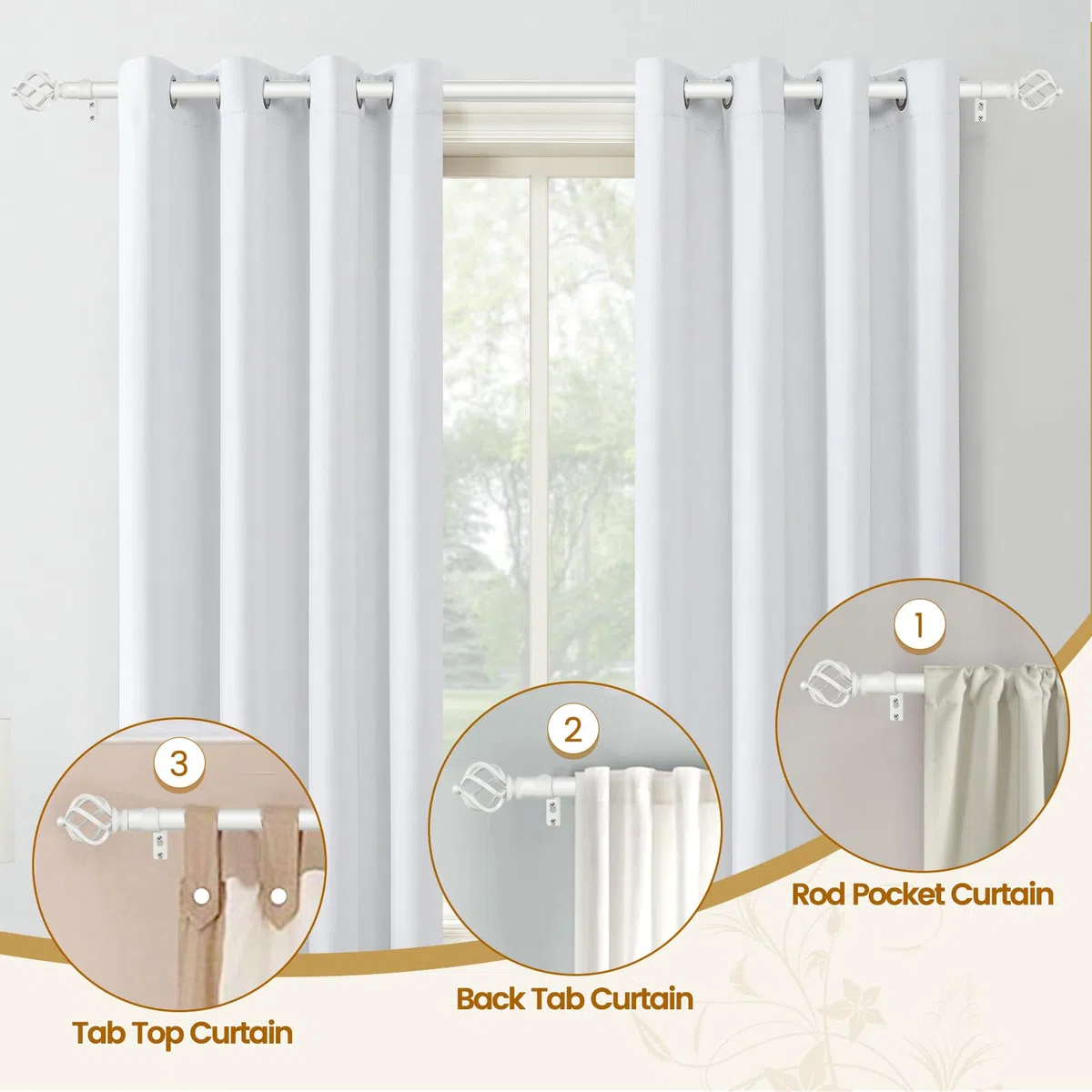 KAMANINA Barras de cortina blancas de 80 a 148 cm, barras de cortina decorativas ajustables para cortinas con ojales, 19 mm de diámetro con remates trenzados
