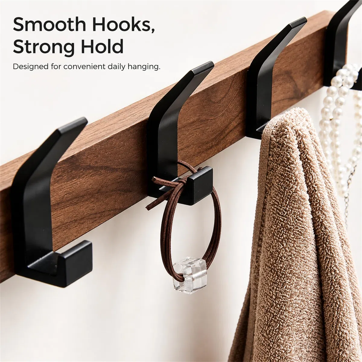 Perchero de Pared de Madera Maciza de Nogal Negro, 40 cm, 4 Ganchos Dobles de Metal Negro, Colgador de Pared para Abrigos, Toallas, Bolsos y Llaves, Entrada, Baño y Dormitorio