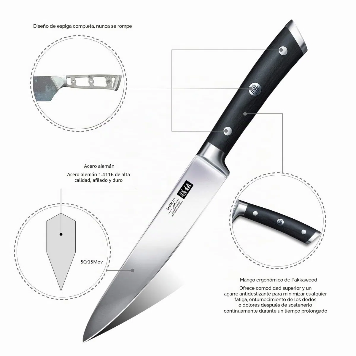 SHAN ZU Cuchillos Cocina Profesional Cuchillo Acero Inoxidable Cuchillo Chef - CLASSIC Series