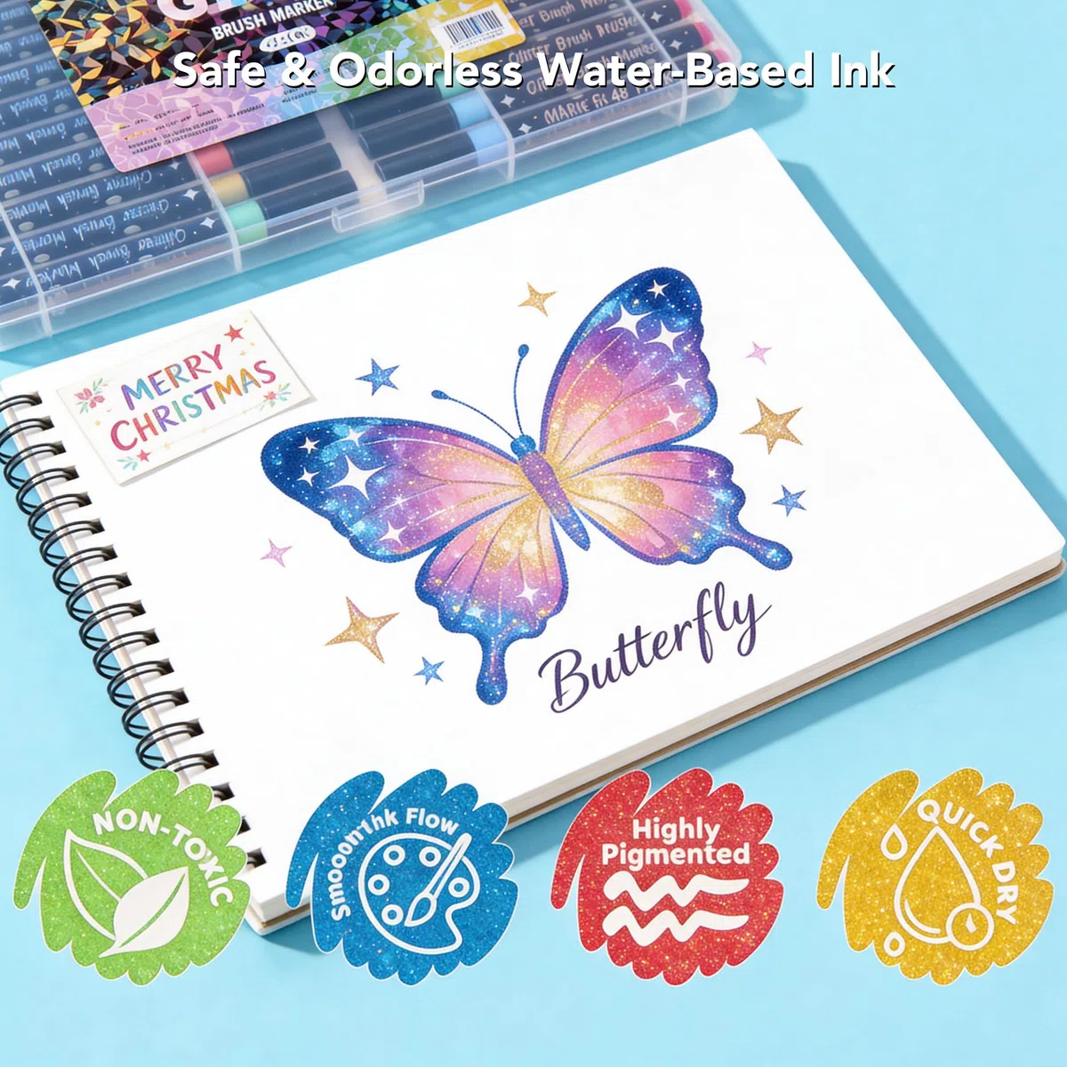 BONACE 48 rotuladores con purpurina, rotuladores con punta de pincel, rotuladores metálicos brillantes a base de agua para tarjetas, manualidades, garabatos, escritura, material artístico