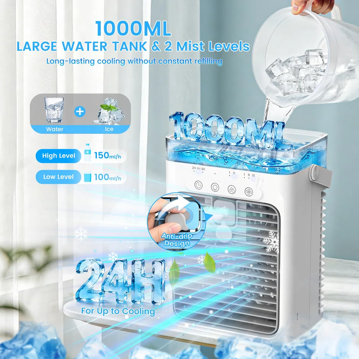 Aire Acondicionado Portátil Sin Tubo 4 en 1, Mini Aire Acondicionado Portátil, Climatizador Evaporativo USB, 3 Velocidades, 2 Modos Niebla, Depósito 1000ML, Temporizador 2/4/8H, Silencioso Ventilador