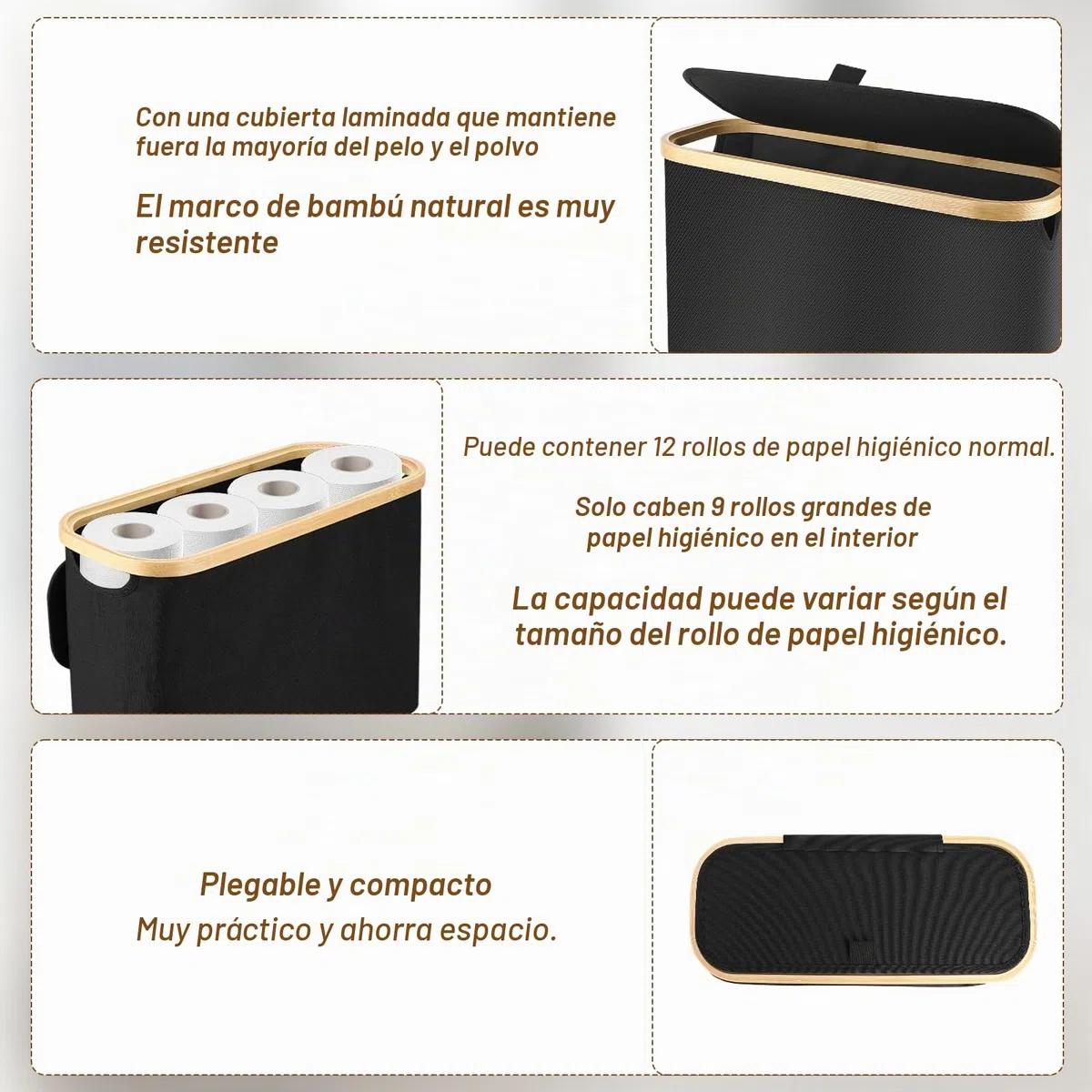 Pavlleen Cesta de Almacenamiento de Papel higiénico con Tapa,Organizador Papel Higiénico para Baño,Organizador de Baño,para Papel Higiénico Estándar de 12 Rollos,Negro
