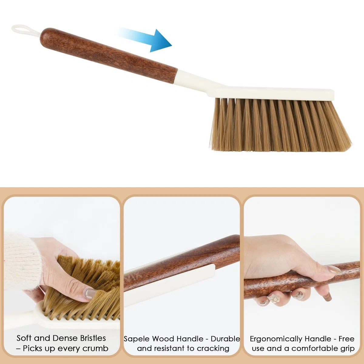 Juego de escoba de mano y recogedor, juego de recogedor pequeño portátil y cepillo con mango de madera de sapele, diseño de dientes, escoba compacta para colgar con recogedor para limpiar