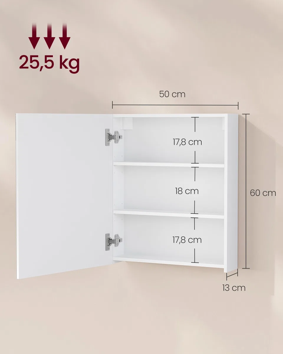 VASAGLE Kailyn Colección - Armario de Pared para Baño, 1 Puerta con Espejo, Estilo Moderno, 13 x 50 x 60 cm, Blanco BBK012WB01